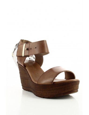 Sandales Compensées Goodstep Jeanne Cuir Marron et Foulard GS5120-C02