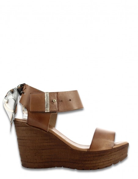 Sandales Compensées Goodstep Jeanne Cuir Marron et Foulard GS5120-C02