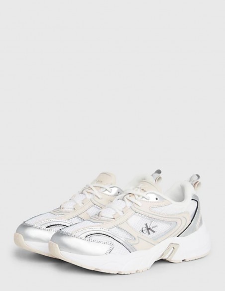 Baskets de ville femme Calvin Klein retro tennis low blanc/creme/metal YW01381-02S