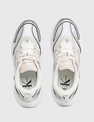 Baskets de ville femme Calvin Klein retro tennis low blanc/creme/metal YW01381-02S