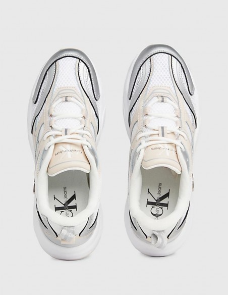 Baskets de ville femme Calvin Klein retro tennis low blanc/creme/metal YW01381-02S