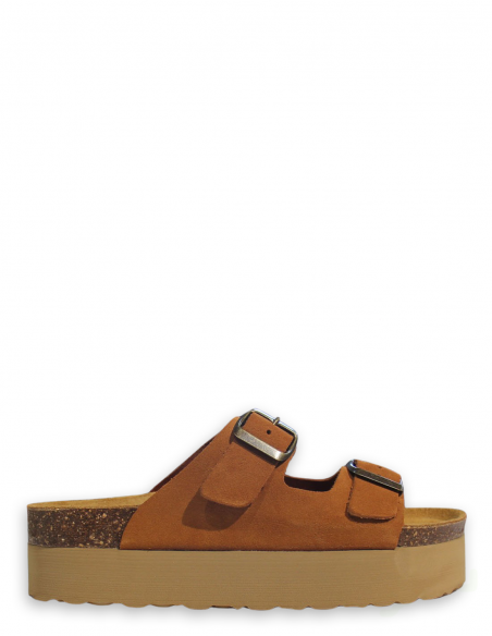 Mules  à Plateforme en Suède Marron avec Finition en Liège - Confort et Élégance