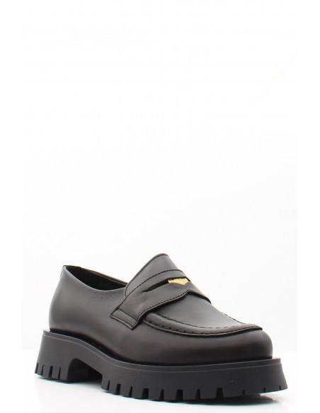 Mocassins Goodstep Vargas pour femme en cuir noir avec talon épais