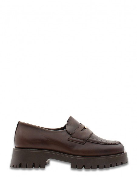 Mocassins Goodstep Vargas femme en cuir marron foncé avec talon épais