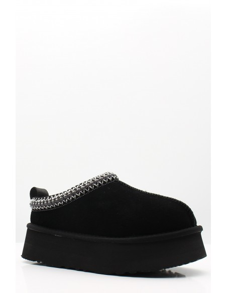 Les Mules Kharisma Dolly en suède noire fourrées avec plateforme épaisse