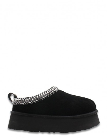 Les Mules Kharisma Dolly en suède noire fourrées avec plateforme épaisse