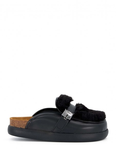 Mules Scholl noires avec boucle et doublure en fourrure confortable