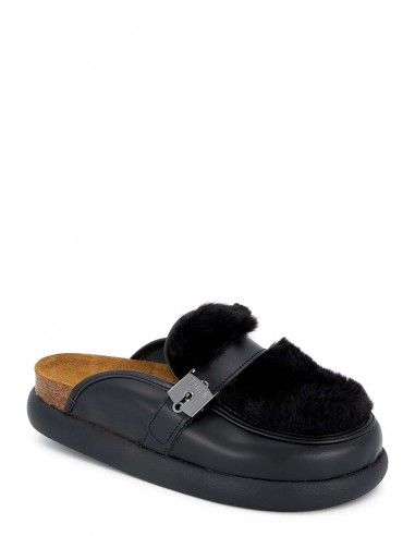 Mules Scholl noires avec boucle et doublure en fourrure confortable