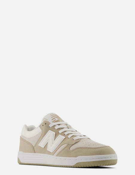 Baskets unisexes New Balance 480L - Cuir beige et blanc